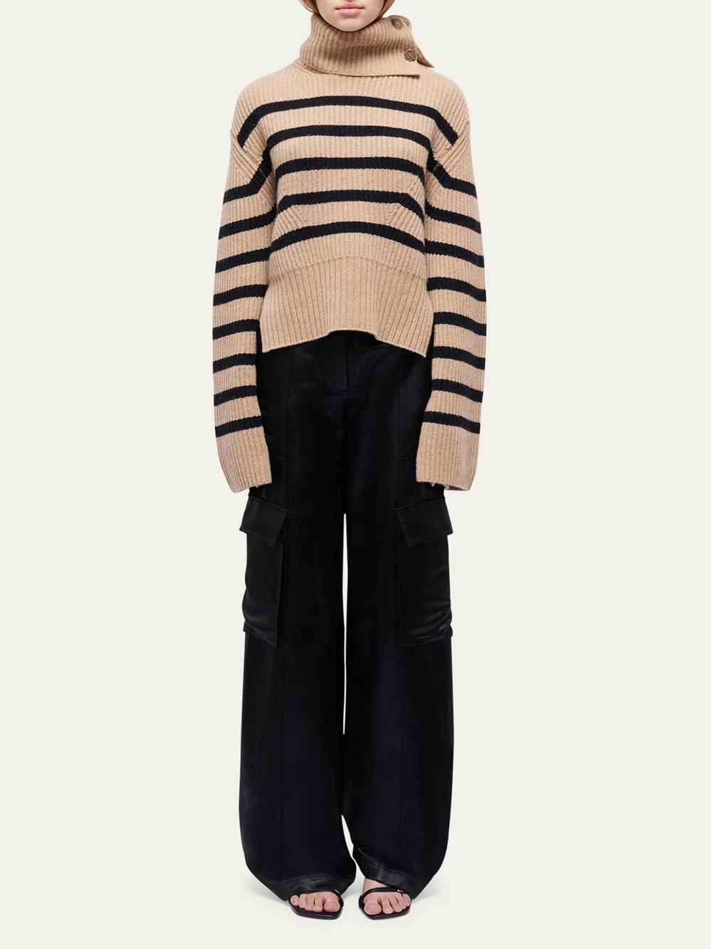 Simkhai Cashmere Wool Adrienne Striped Button Turtleneck Brown Sweater
